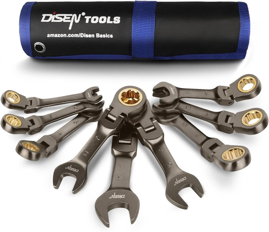 DISEN 9 Pcs 90 Teeth Flex Head Stubby Ratcheting Wrench Set, Metric 8-17 mm, CRV, Nickel Plating Combination Ratchet Wrenches Set with Rolling Pouch (White)