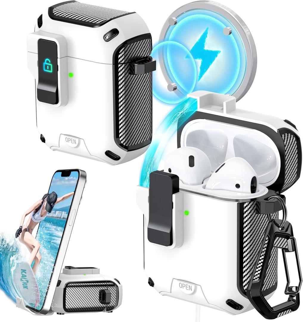 RFUNGUANGO for Airpods 2nd and 1st Generation Cases, Compatible with MagSafe, Drop Protection Case with Stand Function with Cleaning Tool, Full Body Shockproof Hard Case -A-Black+White