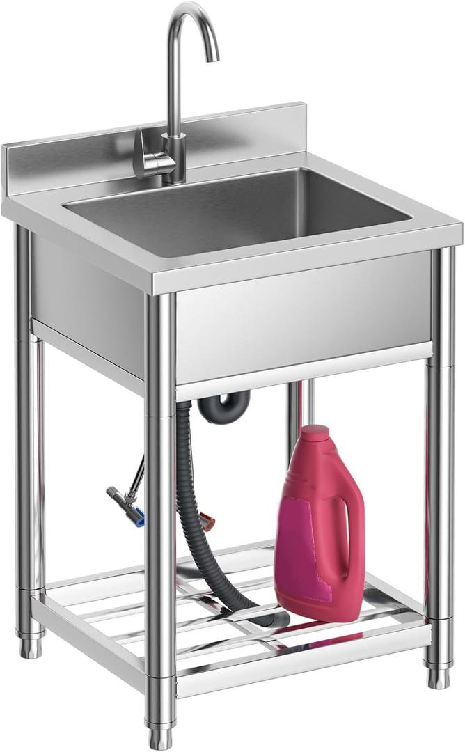 Stainless Steel Kitchen Sink, Free Standing Single Bowl, Commercial Indoor & Outdoor, 21.7 in