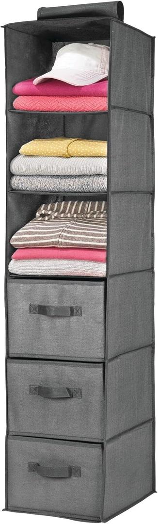 Long Soft Fabric Over Closet Rod Hanging Storage Organizer with 3 Shelves and 3 Drawers for Clothes, Leggings, Lingerie, T Shirts - Textured Print - Charcoal Gray