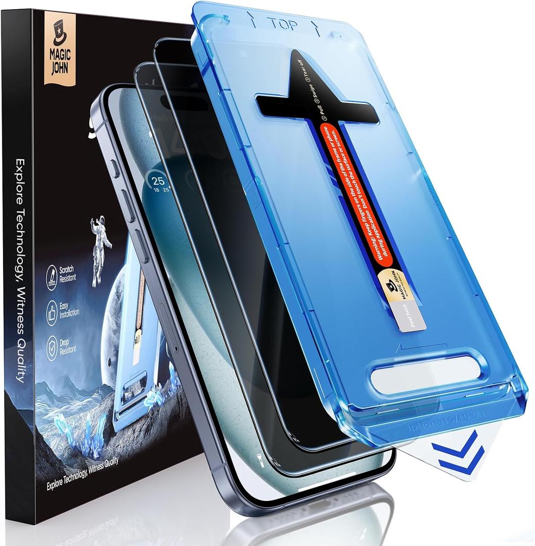 MAGIC JOHN 2 Pack for iPhone 15 Privacy Glass Screen Protector [6.1 inch] Auto Dust-Elimination Installation, Bubble Free, Easy Installation