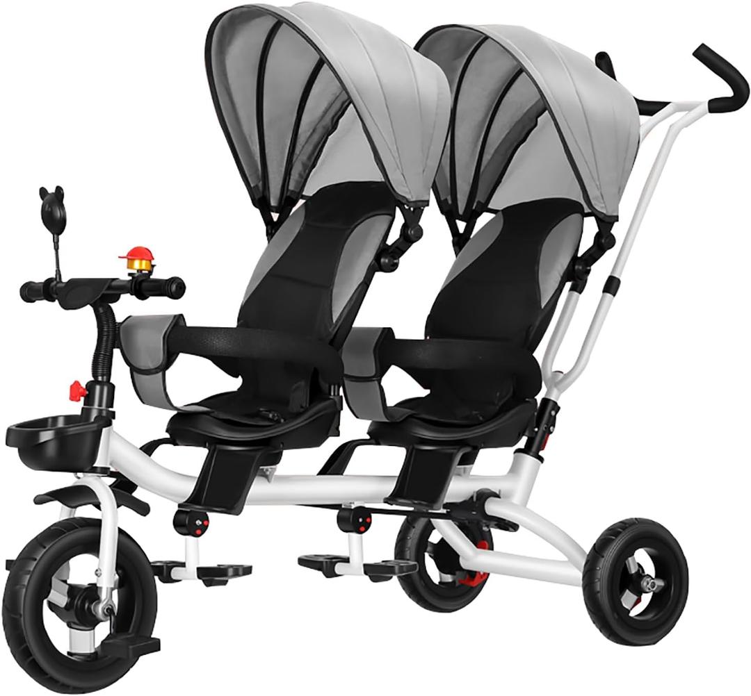 Baby Twin Kids Tricycle,360Swivel Seat,Adjustable Carport and Seat Backrest,Can Be Turned to Push The Guardrail Parasol Convertible Stroller,Gray