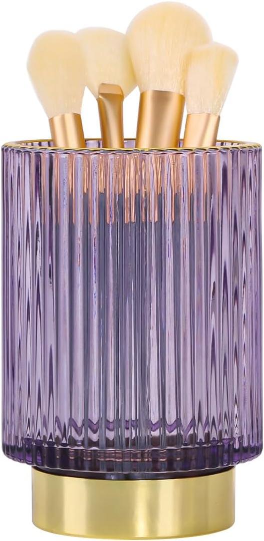 Purple Makeup Brush Holder, Glass Toothbrush Holders for Bathrooms, Gold Pen Holder for Desk, Vintage Make Up Brush Holder Vanity Organizer for Brushes, Lipstick, Eyebrow Pencil