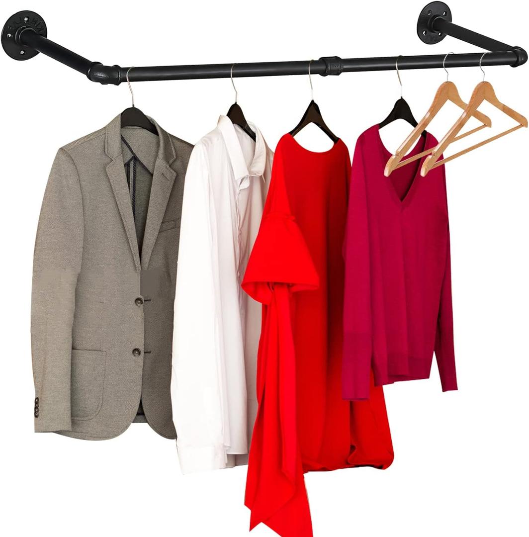Wall Mounted Clothes Rack - 54"Industrial Pipe Clothing Garment Rack, Space - Saving Heavy Duty Detachable Black Iron Clothes Hanger Pole, Multi-Purpose Hanging Rod for Closet Storage, 2 Base