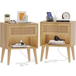 Irontar 17.7''L Nightstand Set of 2, Bedroom Night Stand with Charging Station & Rattan Drawer, Boho Style Bed Side Tables with Solid Legs, Accent End Table with Open Storage, Natural BZZ007ME02