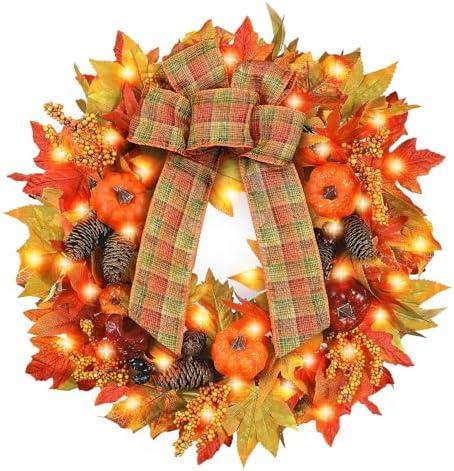 Fall Door Wreaths with Lights, 24 inch Large Farmhouse Pumpkin Wreath with Bow for Autumn Wreaths for Front Door Outside Table Centerpiece Thanksgiving Harvest Decor