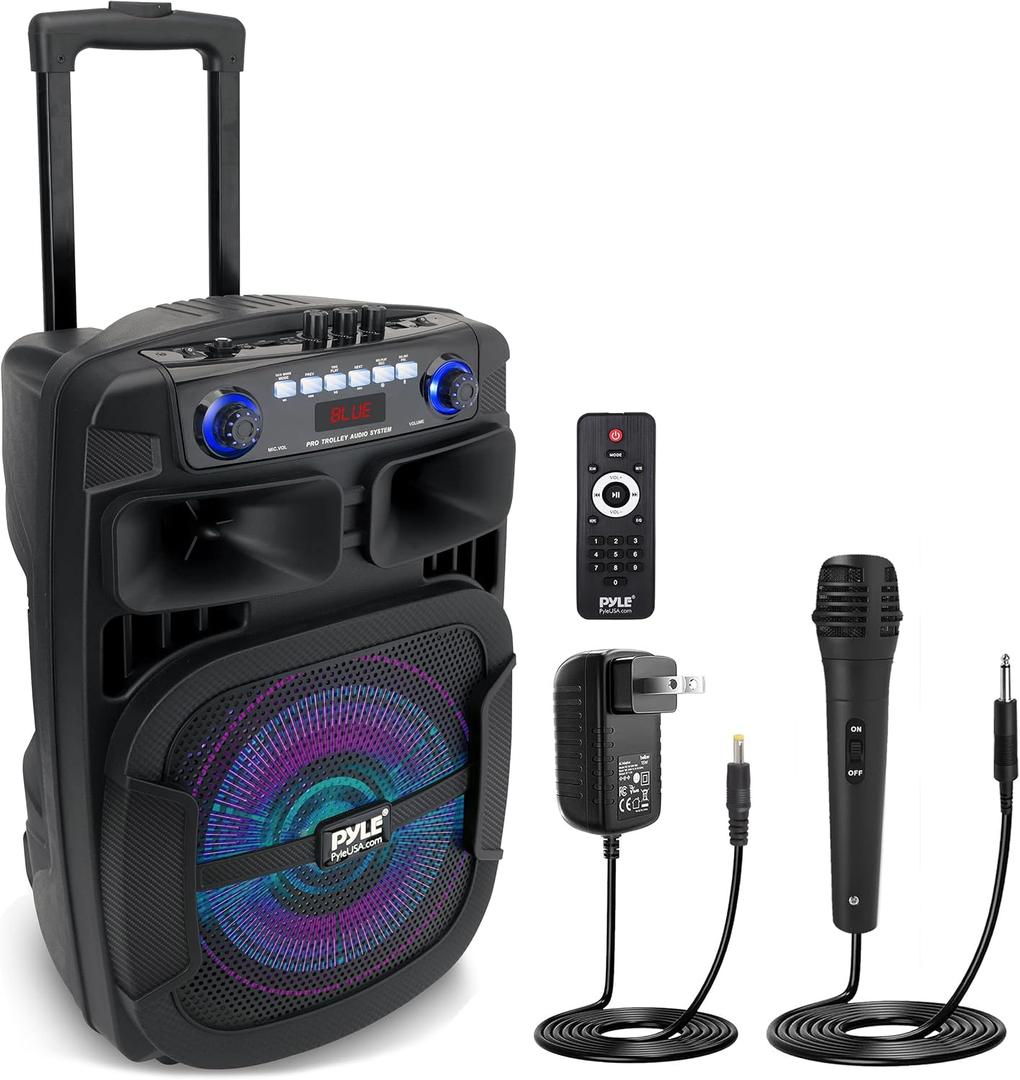 Pyle Portable Bluetooth PA Speaker System - 800W 12 Inch Outdoor Speaker with Built-In Party Lights - USB/SD Card Reader, FM Radio, Extendable Handle w/ Wheels - Includes Wired Microphone & Remote