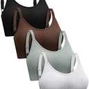 SATINIOR 4 Pack Women's Sports Bra, Padded Ribbed Cami Bra Seamless Bralette Wireless No Underwire Workout Tank Top (Large, White, Black, Coffee, Light Green)