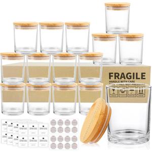 15 Pack Glass Candle Jars, 7oz Clear Candle Containers with Bamboo Lids and Labels, Empty Candle Jars for Making Candles - Dishwasher Safe, 7 fl.oz