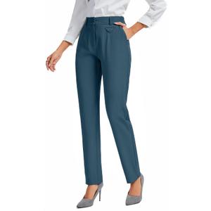 FUNYYZO Women's Stretch Business Work Pants with Pockets Wear to Work Casual Suitpants Long Straight Trousers Blue 10