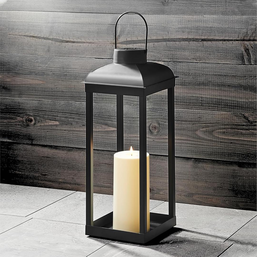 Solar Lantern Decorative Outdoor Set of 2 (18’’ & 15’’) Modern Black Metal Lanterns with Solar Candles, Decorative Candle Lanterns for Outdoor Porch, Patio, Garden, Yard Decor