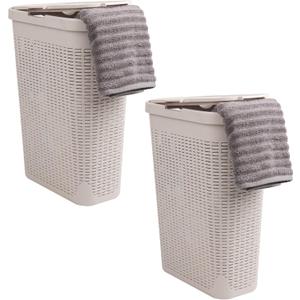 Mind Reader Slim Laundry Hamper with Lid, 40L Clothes Basket, Narrow Tapered Design with Ventilated Cutout Pattern, Plastic, Set of 2, Ivory