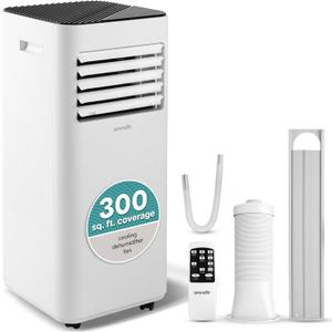 SereneLife Portable Conditioner, 8000 BTU 3-in-1 Compact Standing Air Conditioner for Rooms Up to 300 Sq. Ft., Energy Efficient Floor AC Unit with Remote Control, Universal Casters, Window Mount Kit (White)