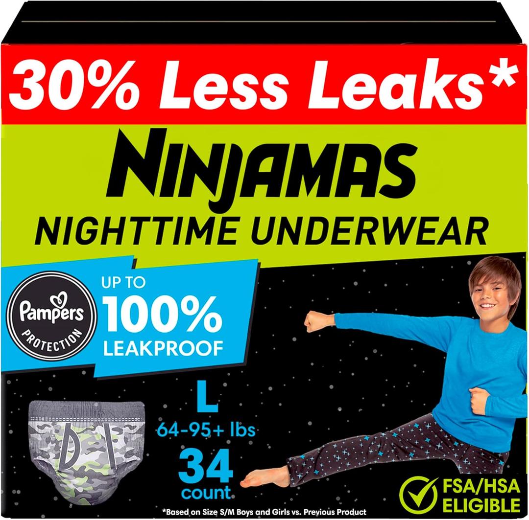 Ninjamas Boys Bedwetting Nighttime Underwear, Size L (6495+ lbs), 34 Count, Overnight Protection, Ultra Absorbent, Hypoallergenic