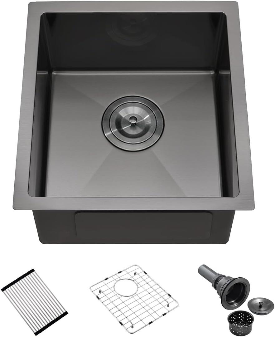 15x17 Black Undermount Kitchen Bar Sink, Luckyhorse 16 Gauge Deep Gunmetal Black Stainless Steel Undermount Small Kitchen Sink LH015SB