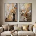 2 x Large Framed Neutral Abstract Wall Art, 2 Piece Modern Canvas Prints Paintings, Beige Gold Abstract Pictures for Living Room Hallway Dining Room Bedroom Office Wall Decor 24x36 In