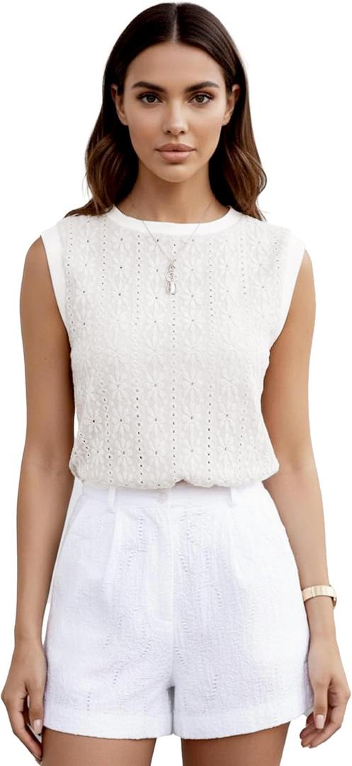 Women Eyelet Tank Tops Floral Casual Round Neck Sleeveless Summer Tops Trendy Basic Cute Plain Tanktops (Beige, S)