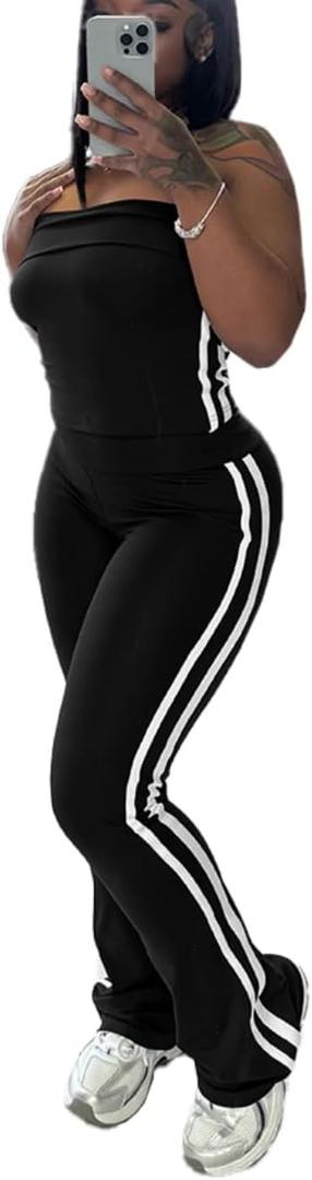 HBQ Women Two Piece Outfits Strapless Crop Top and Flare Pants Casual Stripe Lounge Sets Tracksuits Black 2XL