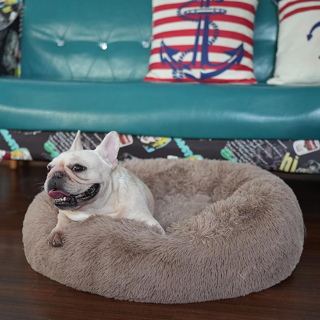 Calming Donut Dogs Beds for Small Dogs Washable,23inch Plush Round Pet Bed for Cozy Sleep,Fluffy Faux Fur Large Cat Bed,Fits up to 25 lbs Pets,Camel (Brown)