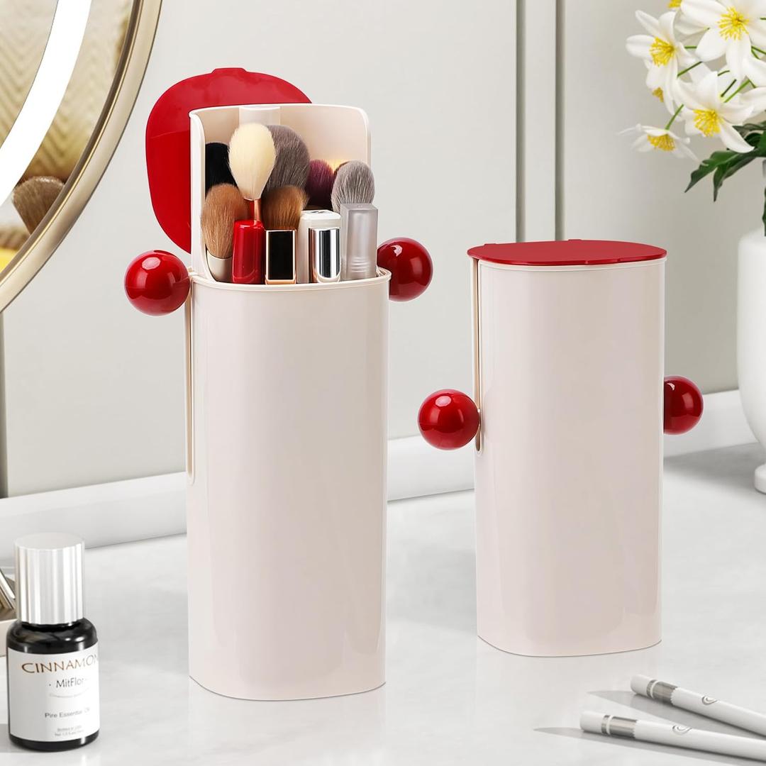 Makeup Brush Holder Organizer with Lid,Makeup Organizer with One Touch Open,4 Slot Make up Brushes Cup for Cosmetics, Make Up Brush, Bathroom Vanity Desktop Dustproof Organizers (Press both sides)