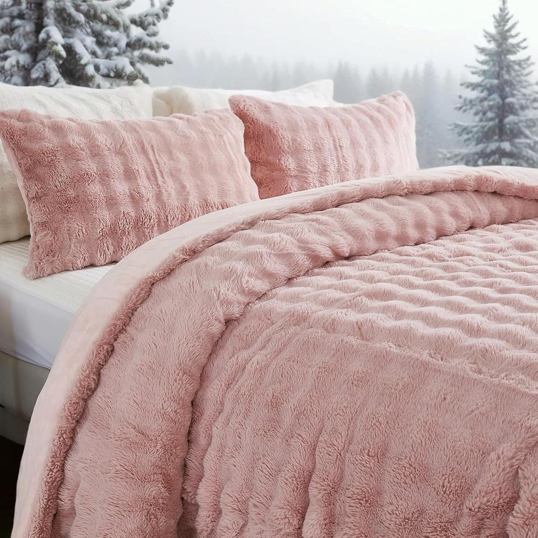 Bedbay Pink Fluffy Comforter Set Queen Size Faux Fur Bedding Plush Comforter Set 3 Pieces Luxury Faux Rabbit Fur Bubble Bedding Soft Cozy Shaggy Velvet Reversible Duvet Set Warm Winter Comforter Set