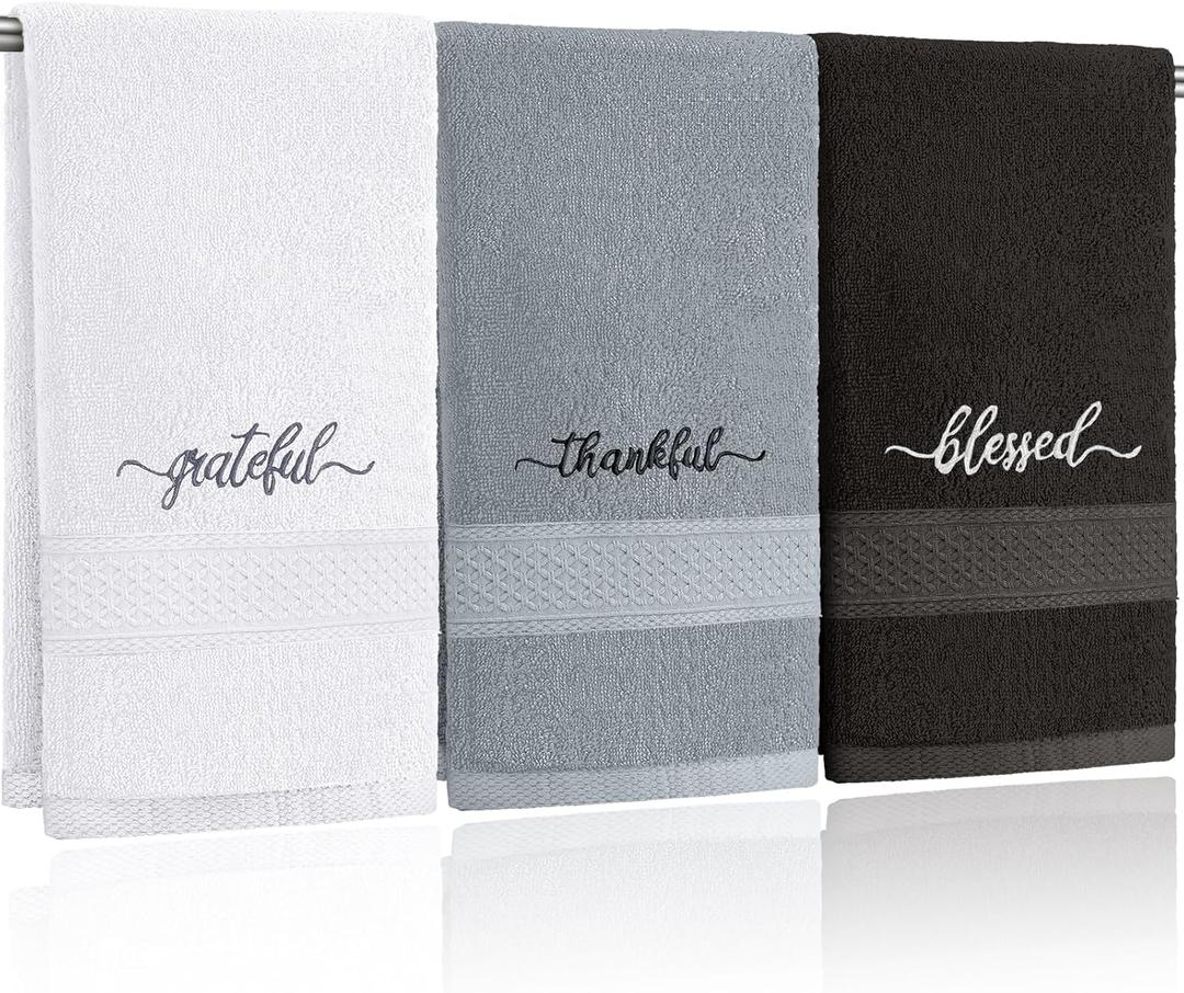 Peryiter 3 Pcs Farmhouse Bathroom Decor Hand Towels 14x29 Inch Cotton Bath Towels Rustic Embroidered for Boho Kitchen Decor Inspirational Christian Gift (Black White Grey, Blessed Thankful Grateful)