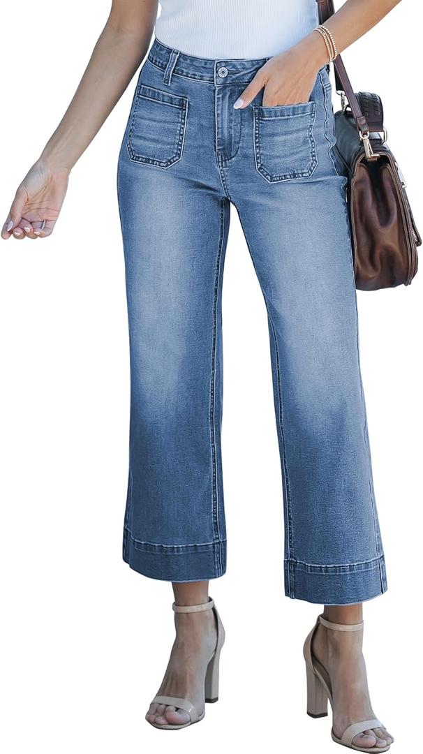 luvamia Wide Leg Jeans for Women Trendy High Waisted Flare Jeans Cropped Denim Pants Stretchy Baggy with Patch Pockets (Small, Blue Tides)