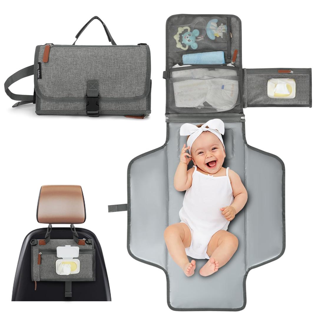 Portable Changing Pad for Baby - Memory Foam Diaper Changing Mat with Wipes Pocket, Waterproof PEVA & Easy Clean - Compact Fold, Stroller & Shoulder Strap - Travel Diaper Clutch for Newborn