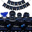 Vesici 171 Pcs Happy Birthday Party Supplies 24 Set Disposable Party Tableware include Plates Cups Napkins Cutlery and Banner Tablecloth Birthday Dinner Decorations for Men Woman(Black, Blue)