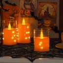 Flameless Flickering 3" x4" 5" 6" Clear Plastic Orange 11-Key Remote Candles with Light Strings, LED Battery Operated Cycle Timer Pack of 3 Candles for Halloween Festival Decor