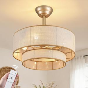 20" Boho Ceiling Fan Light and Remote, Fabric Chandelier Ceiling Fan Light, Caged Fandelier with Lights Flush Mount, 6 Wind Speeds Enclosed Ceiling Fan for Bedroom, Living Room, Dining Room, 20in