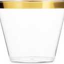 Munfix 100 9 Oz Clear Plastic Cups, Old Fashioned Tumblers, Fancy Disposable Wedding Cups, Elegant Party Cups with Gold Rim