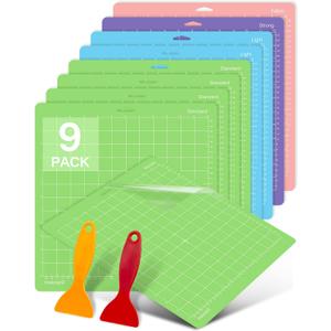 Colemoly 12x12 Cutting Mat 9 Pack Variety for Cricut Maker 3/Maker/Explore 3/Air 2/Air/One 2 Pack Mats Scrapers Sticky Cricket Cut Card Non-Slip Replacement Accessories Standard Light Strong Frabic