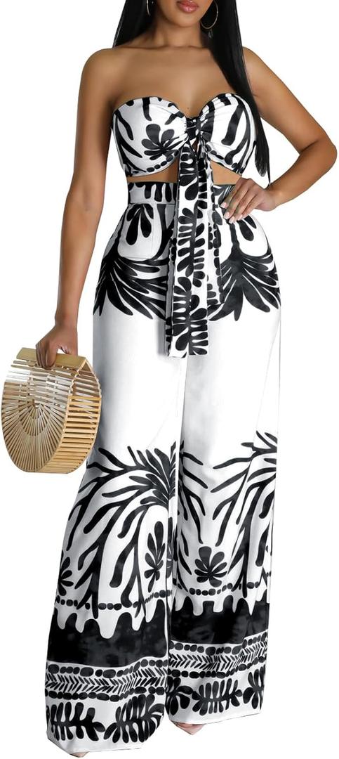 Casual Two Piece Sets for Women Elegant Off The Shoulder Tube Top Long Straight Pants Vacation Outfits Beach (XX-Large, Black/White)