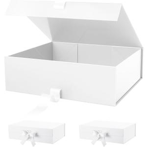 PACKHOME 17x14.5x5.5 Inches, 3 Extra Large Gift Boxes with Lids, Magnetic Closure Boxes with Ribbon for Clothes and Large Gifts (Glossy White) (1 Count (Pack of 2), White Ribbon)