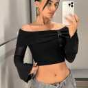 WDIRARA Women's Off Shoulder Buckle Mesh Insert Top Flare Long Sleeve Crop Blouse (Black, XS)