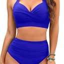 Tempt Me Women Two Piece Vintage Swimsuit Retro Halter Ruched High Waist Bikini with Bottom (Small, Royal Blue)