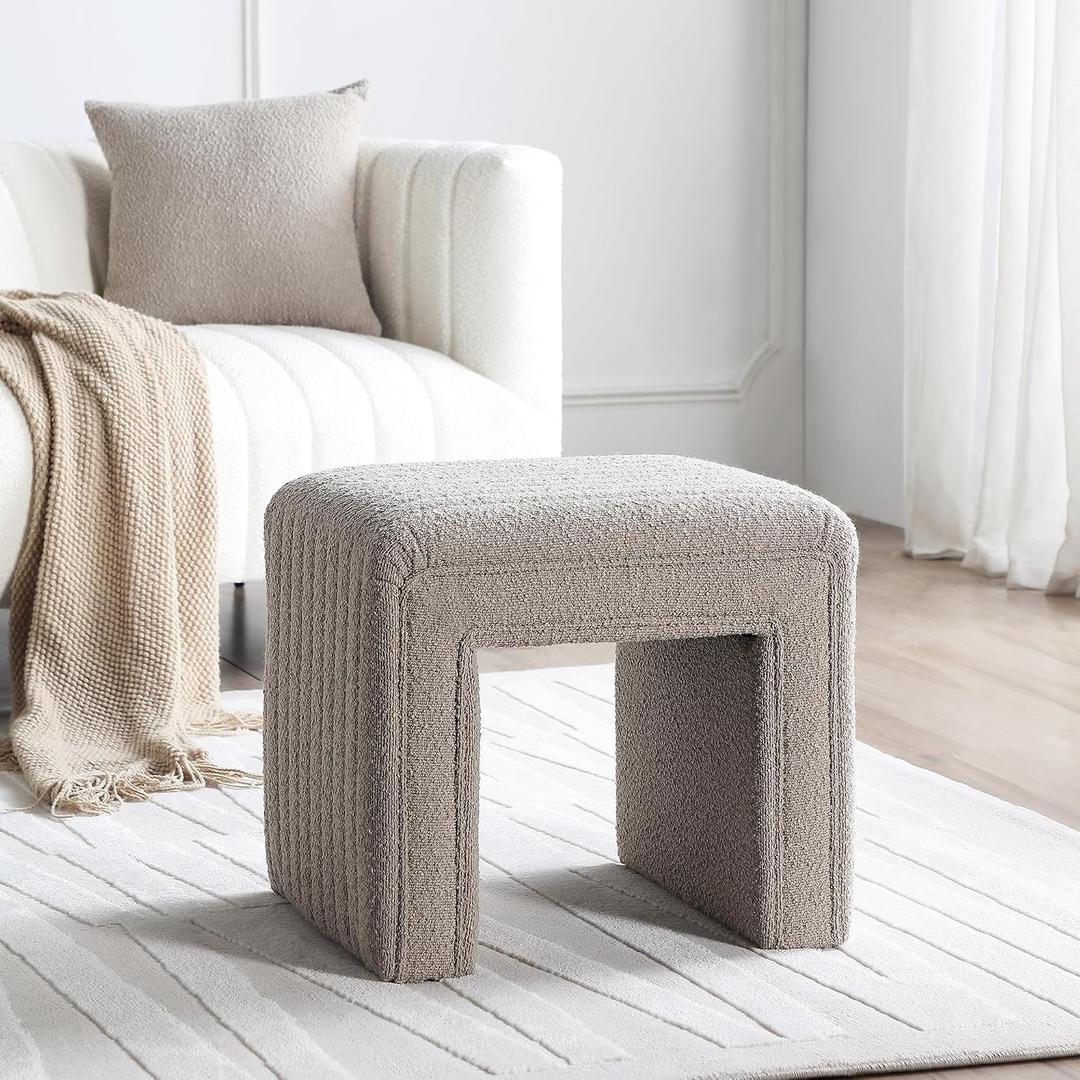 Get Set Style Vanity Stool Chair,Modern Boucle Ottoman Foot Stool with Wooden Legs Sofa Bench Footstool Extra Seat for Vanity,Makeup Room,Living Room,Entryway,Office (Fully Assembled) (Taupe), 20.1"D x 16.9"W x 17.7"H