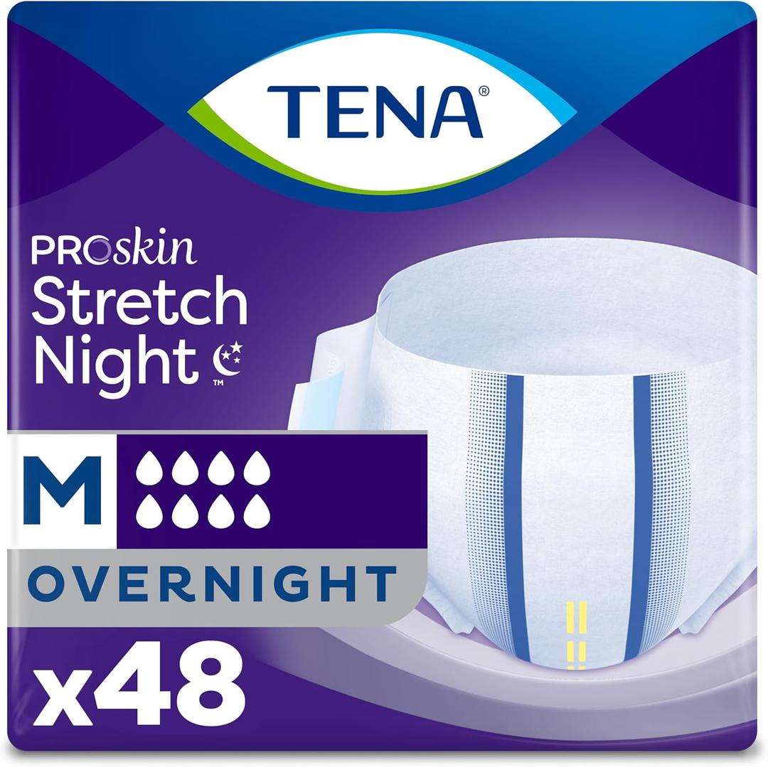 TENA ProSkin Overnight Protection Adult Incontinence Brief, Stretch, Disposable, Medium, 48count (4 Packs of 12), Packaging May Vary