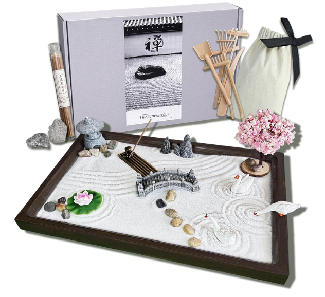 SRAYW Zen Garden Kit for Desk Decor. 11x7.5'' Beautiful Japanese Mini Zen Garden Meditation Gifts Set for Home,Office Desk＆Meditation Room.6 Tools ＆ 18 Accessories. Zen Sand Tray Therapy