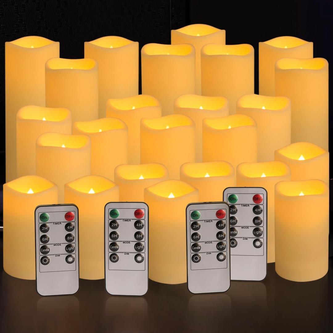 YOROXRG Set of 24 Waterproof Outdoor Flameless Candles, LED Candles with 4 Remote and Timer, (H 4" 5" 6" x D 2.2"),for Christmas, Halloween, Wedding, Festival