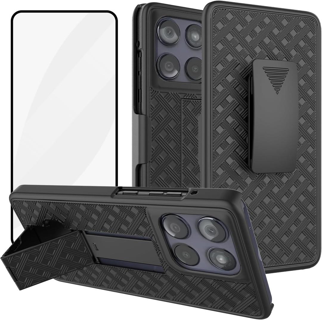 Ailiber Compatible with Moto G Power 2025 Phone Case, Motorola G Power 2025 Belt Clip Case Holster with Screen Protector, Swivel Kickstand Holder, Slim Shockproof Pouch Cell Phone Cover-Black