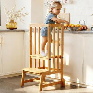 BAMBOOHOMIE Kids Kitchen Step Stool, Toddler Standing Tower Adjustable Height with Anti-Slip Feet, Toddlers Learning Step Stool Helper for Kitchen Counter or Bathroom Sink, Natural Bamboo