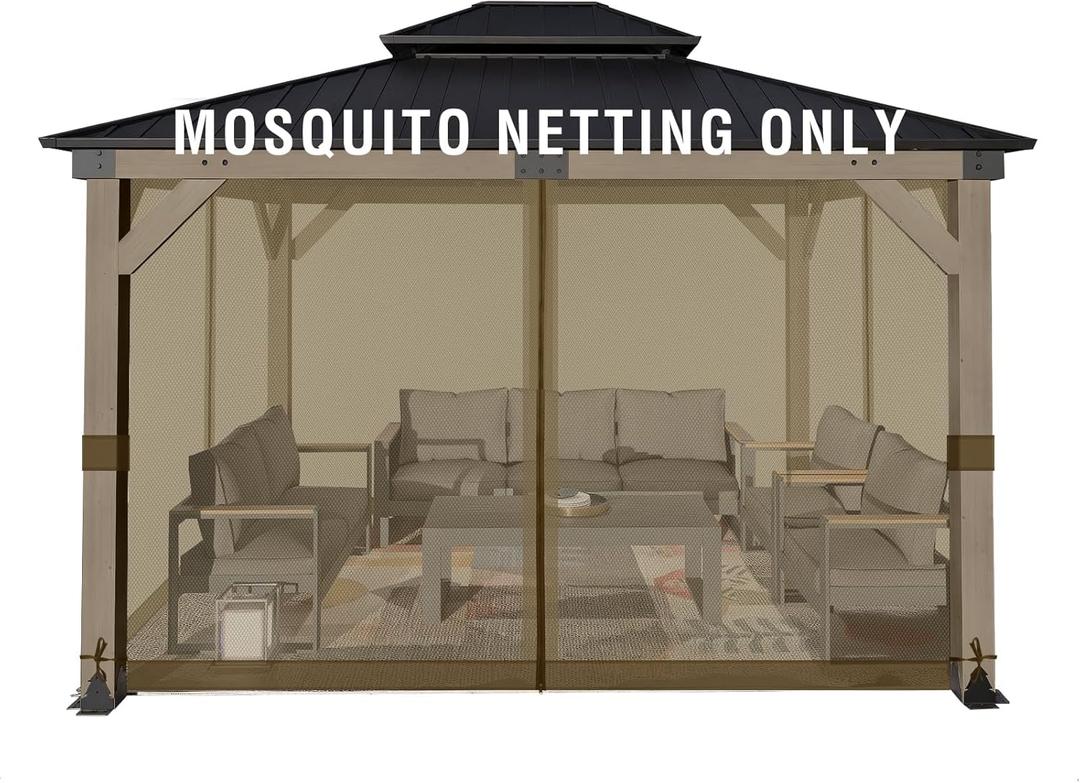 Aoodor Universal 10x12 ft Gazebo Mosquito Netting, Replacement 4-Panel Sidewalls with Double Zippers for Patio, Backyard, Deck, and Lawn (Netting Only, Brown)