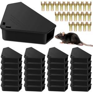 24 Pack Mice Bait Stations with Keys, Triangle Mouse Stations, Reusable Mouse Station Box for Indoor Outdoor Keep Rat Mice Away Pets Kids Safe, Dual Entry Tunnel, Black