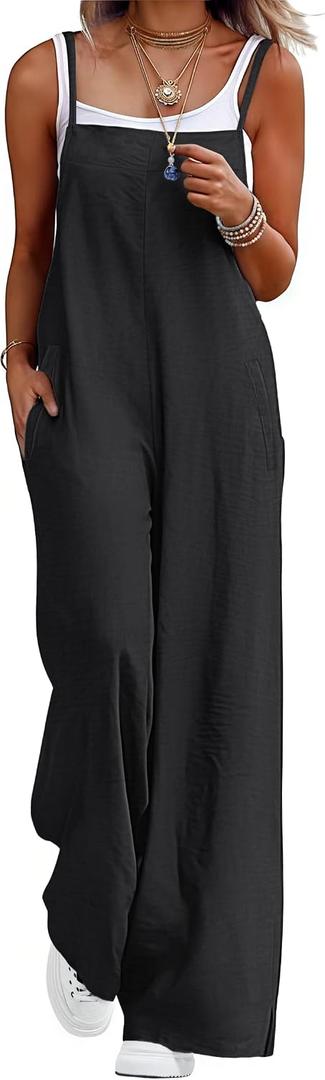 Lepunuo Womens Casual Loose Jumpsuits Summer Boho Wide Leg Rompers Sleeveless Overalls with Pockets (Size: Medium,Black)