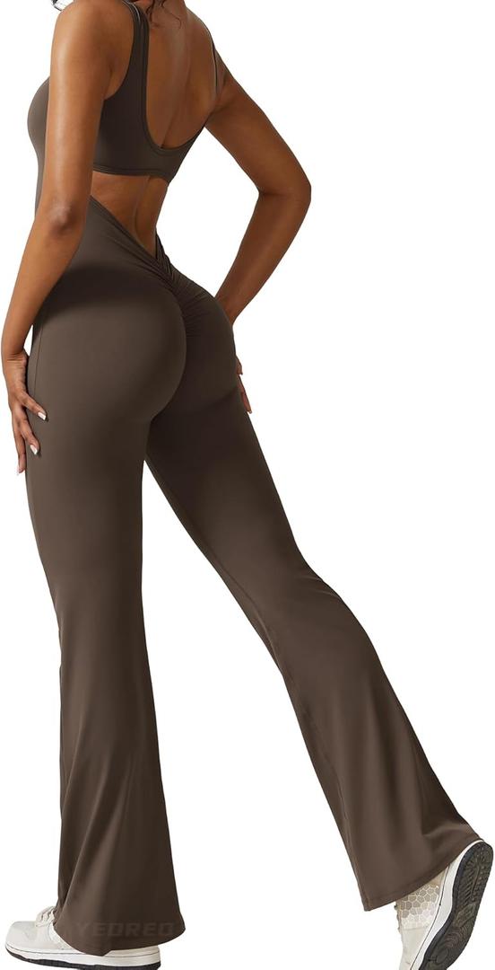 YEOREO Women Workout Scrunch Flare Jumpsuits Sexy Backless Butt Lift Gym Yoga Jumpsuits (XX-Large, Coffee)