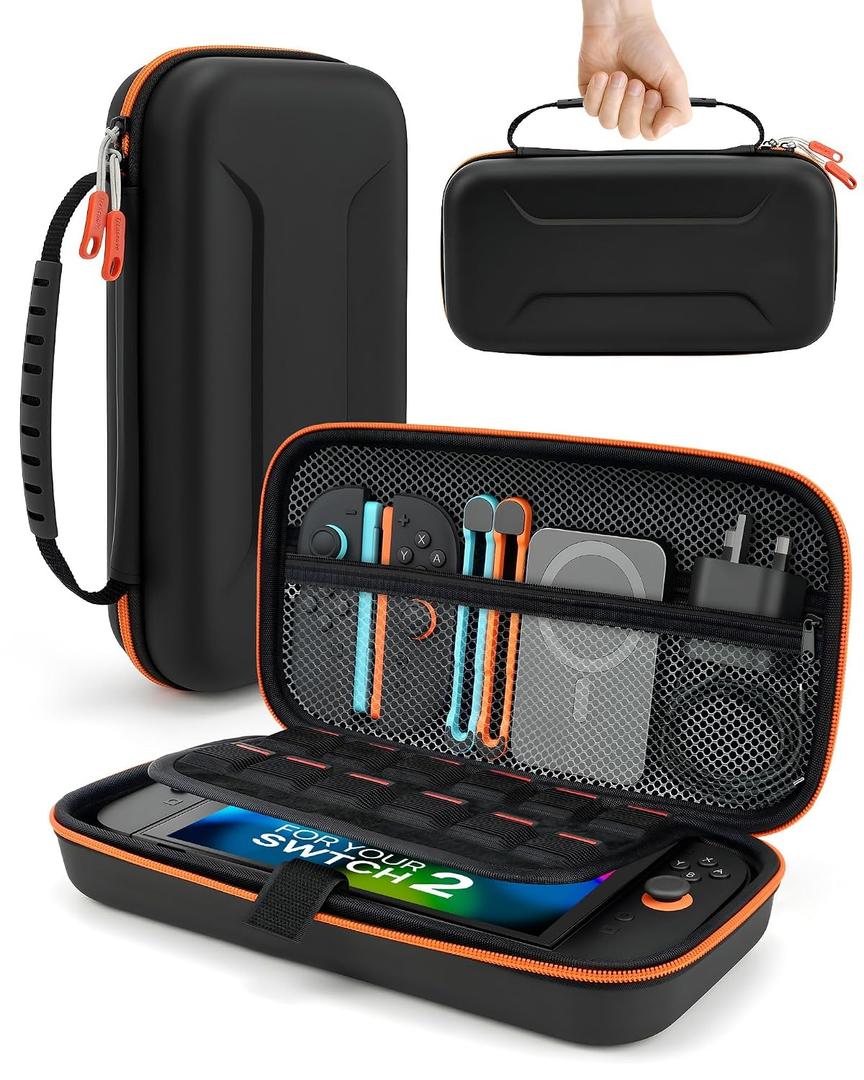 TRANSNOVO Carrying Case Compatible with Nintendo Switch 2 Console & Charger, Shockproof Hard Shell Protective Cover Portable Travel Case with Game Card Slots & Inner Pocket for Accessories, Black