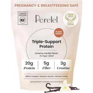 Perelel Triple-Support Plant Based Protein Powder, Creamy Vanilla, 20g Vegan Protein Powder, 3g Creatine Monohydrate, & 5g Prebiotic Fiber per Serving, Dairy Free, No Sugar Added, 15 Day Supply BBD: 01/2028