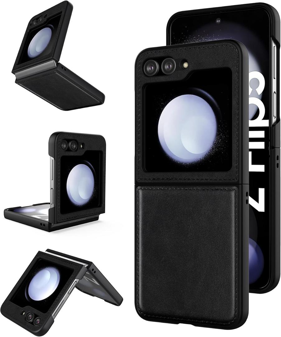 Foluu for Samsung Galaxy Z Flip 5 5G Case, Leather Case, PU Leather + Hard PC Shell Ultra Thin Slim Durable Protective Phone Case Cover for Samsung Galaxy Z Flip5 5G 2023 (Black)